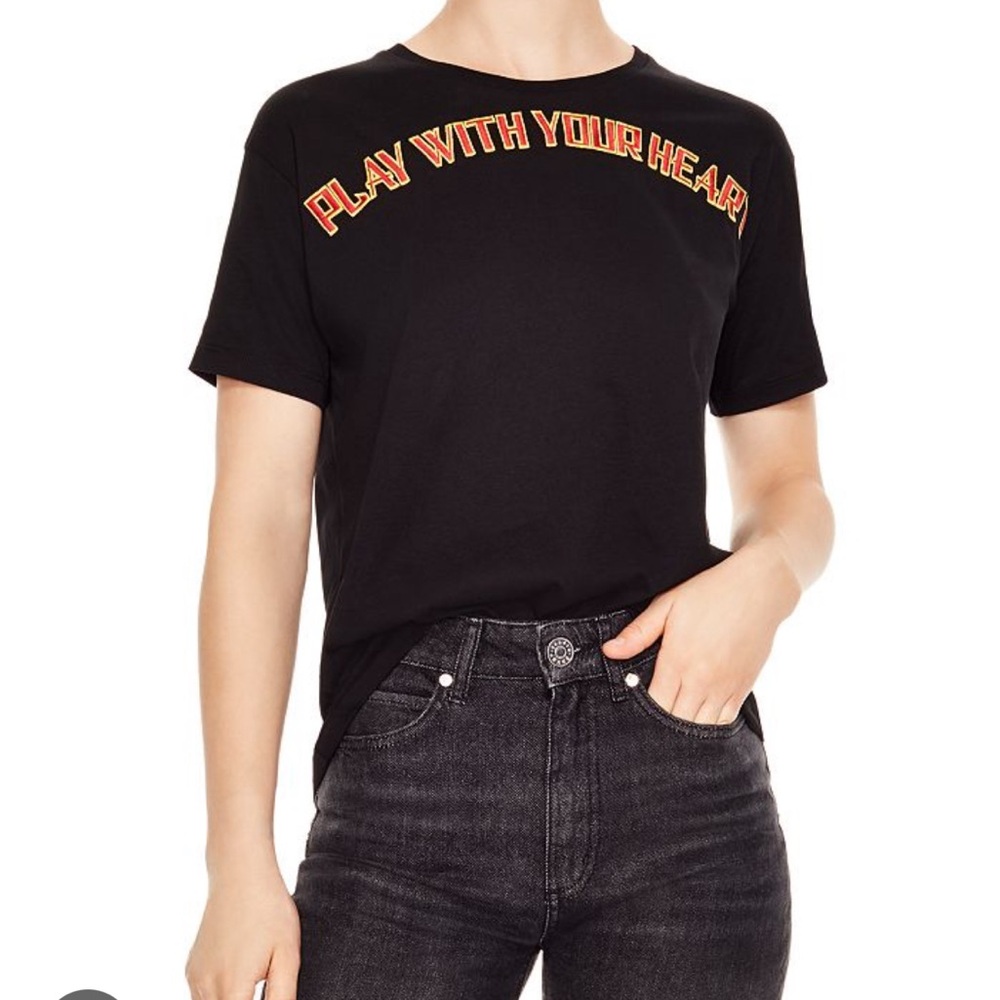 Sandro black t-shirt. Play with your heart. Preloved.